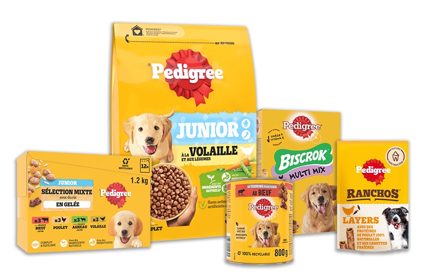 Photo des produits de la gamme de nourriture et de friandises pour chiens Pedigree.