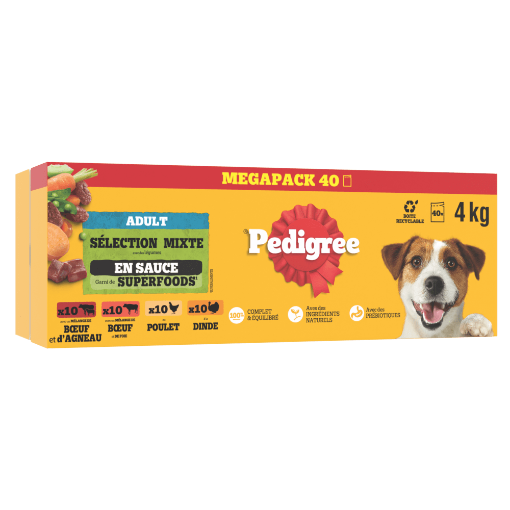 Pedigree® Sachets Fraîcheur En Sauce Bœuf Foie Poulet Agneau Dinde Carotte Pour Chien 40 x 100g