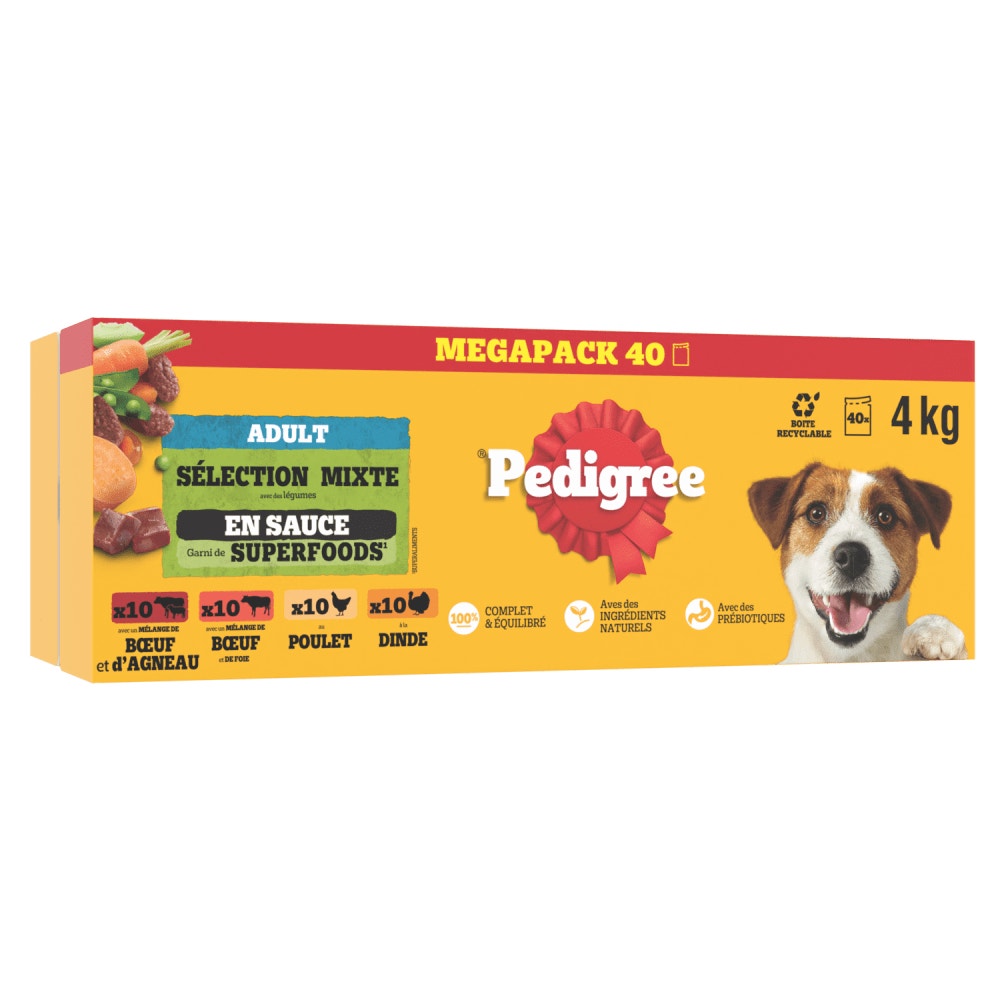 Pedigree® Sachets Fraîcheur En Sauce Bœuf Foie Poulet Agneau Dinde Carotte Pour Chien 40 x 100g